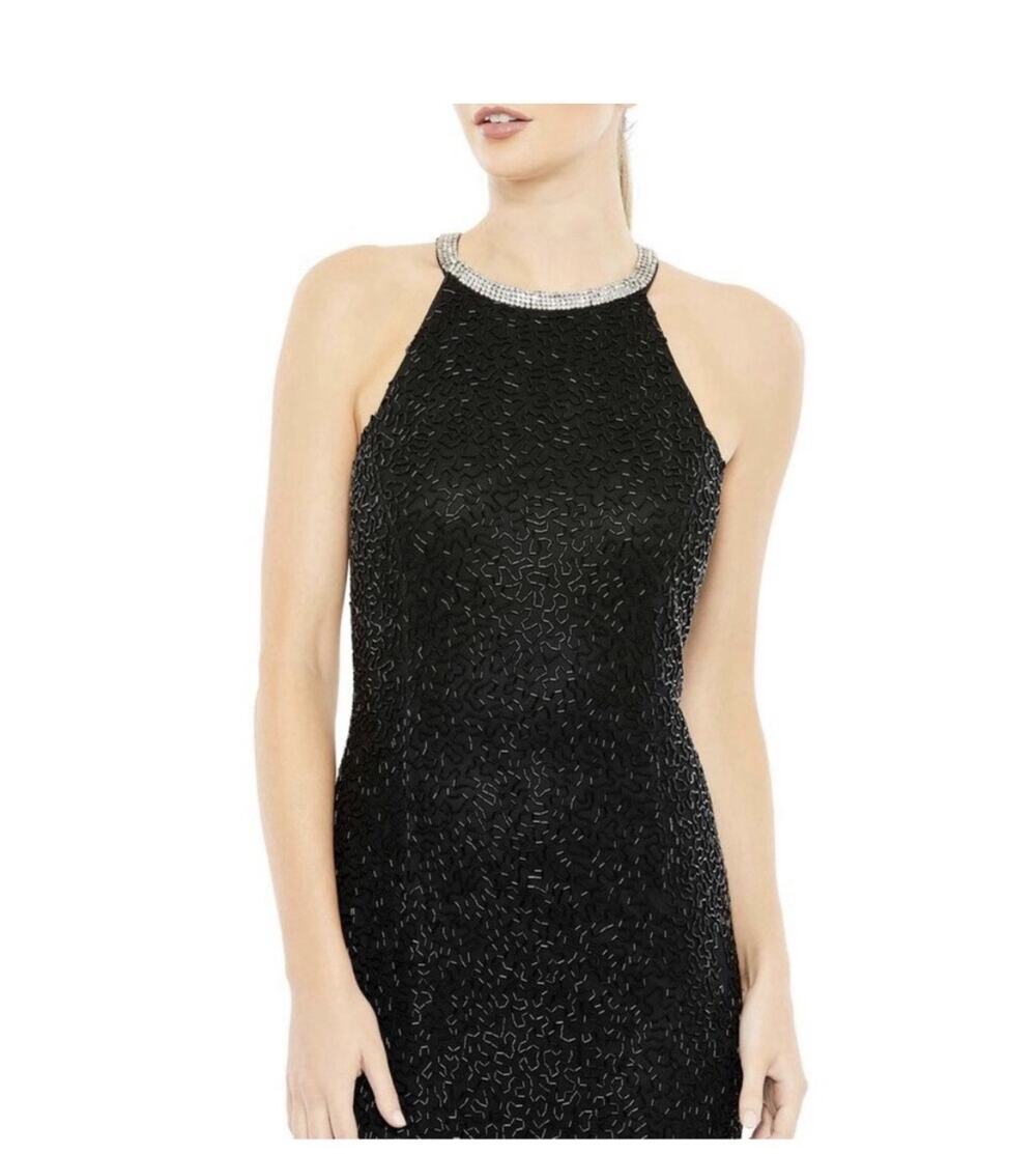 New Mac Duggal Beaded Sleeveless High Neck Column Gown Black Size 2